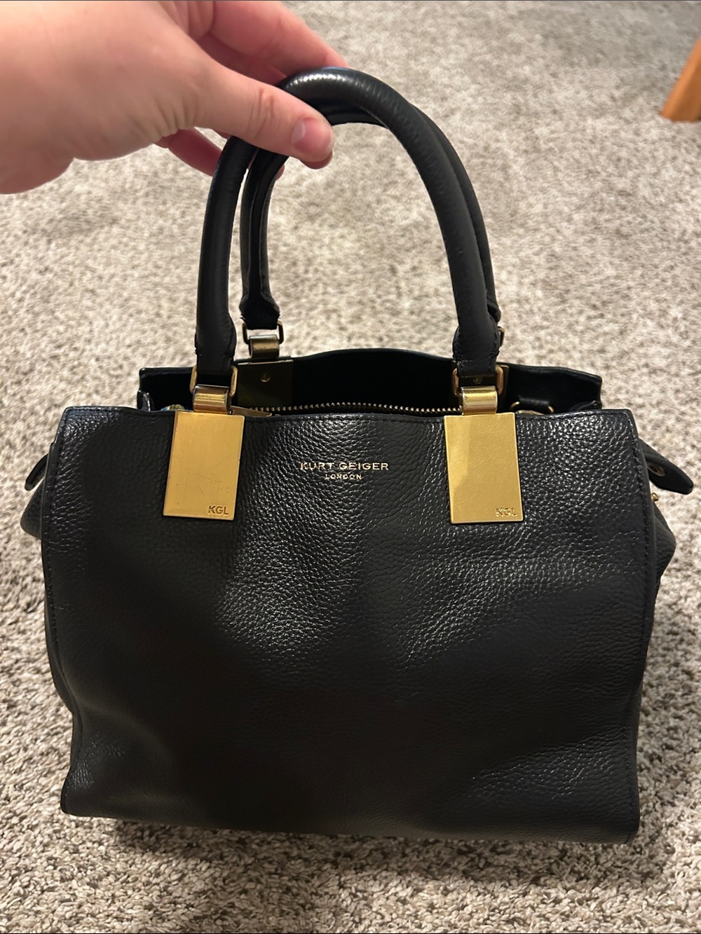 Kurt Geiger Black Pebbled Leather Top-Handle Satchel with Gold Hardware